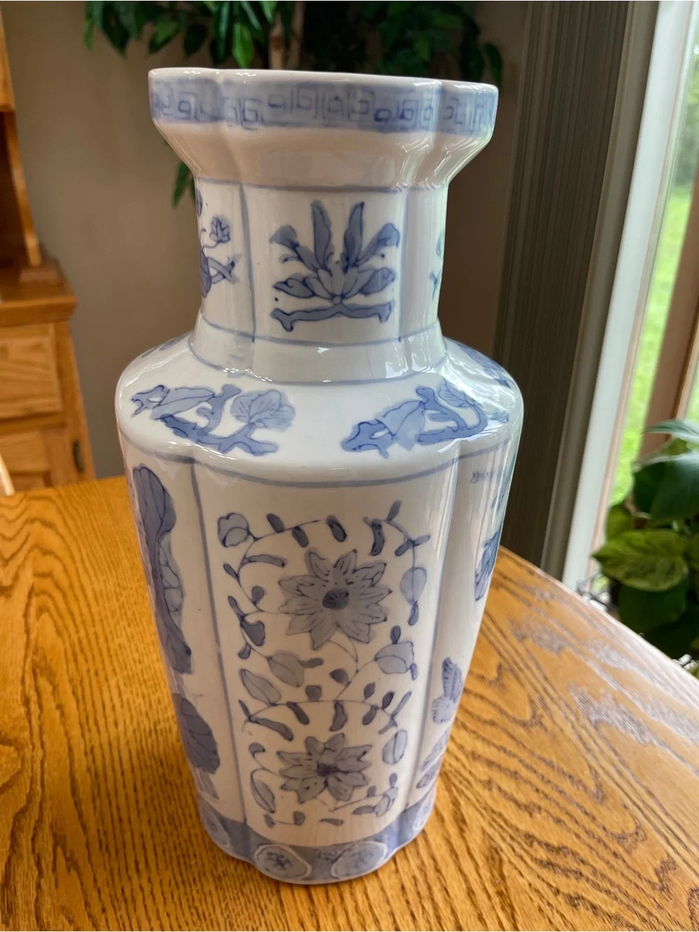 Vintage Mid-Century Asian Inspired 14” Vase 4 Lobed Sides Birds Lotus Floral
